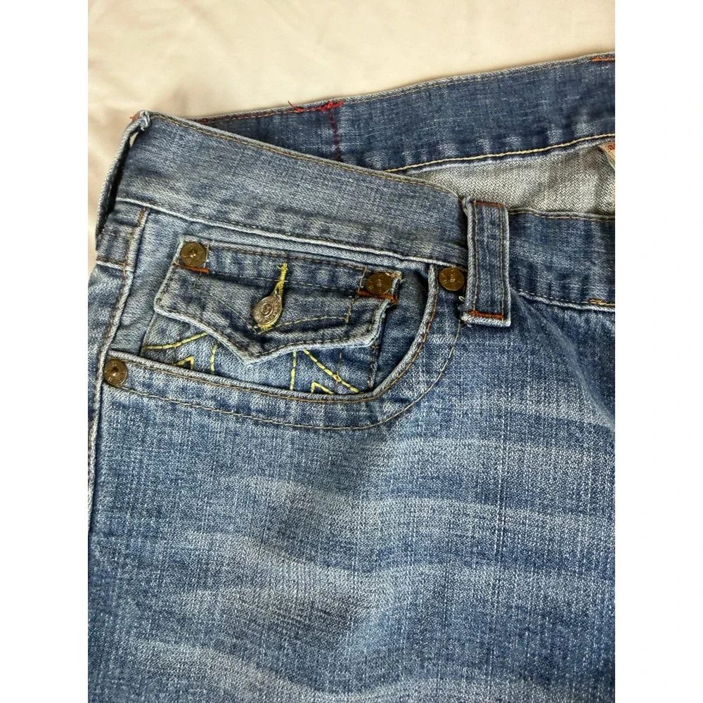 True Religion Billy Bootcut Jeans Mens 36 Blue Made in USA Yellow Stitching